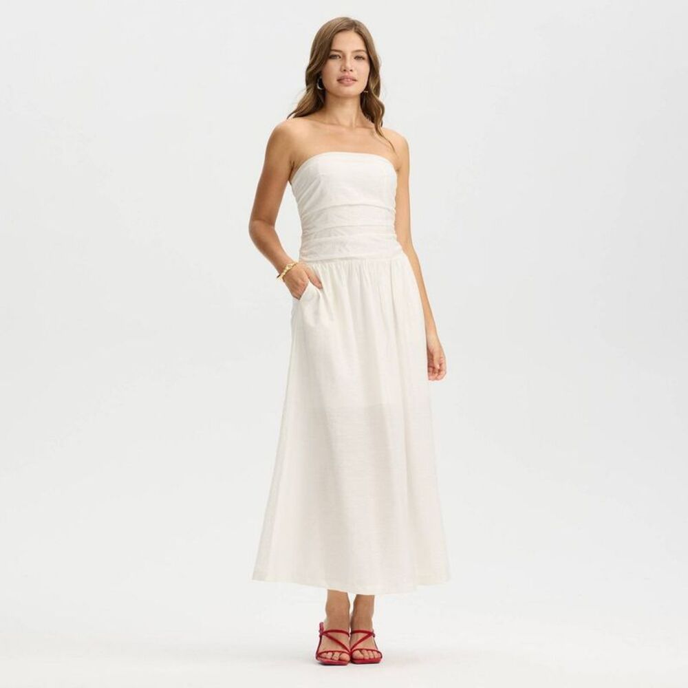 Women's Sleeveless Ruched Midi A-Line Dress - A New Day Cream L